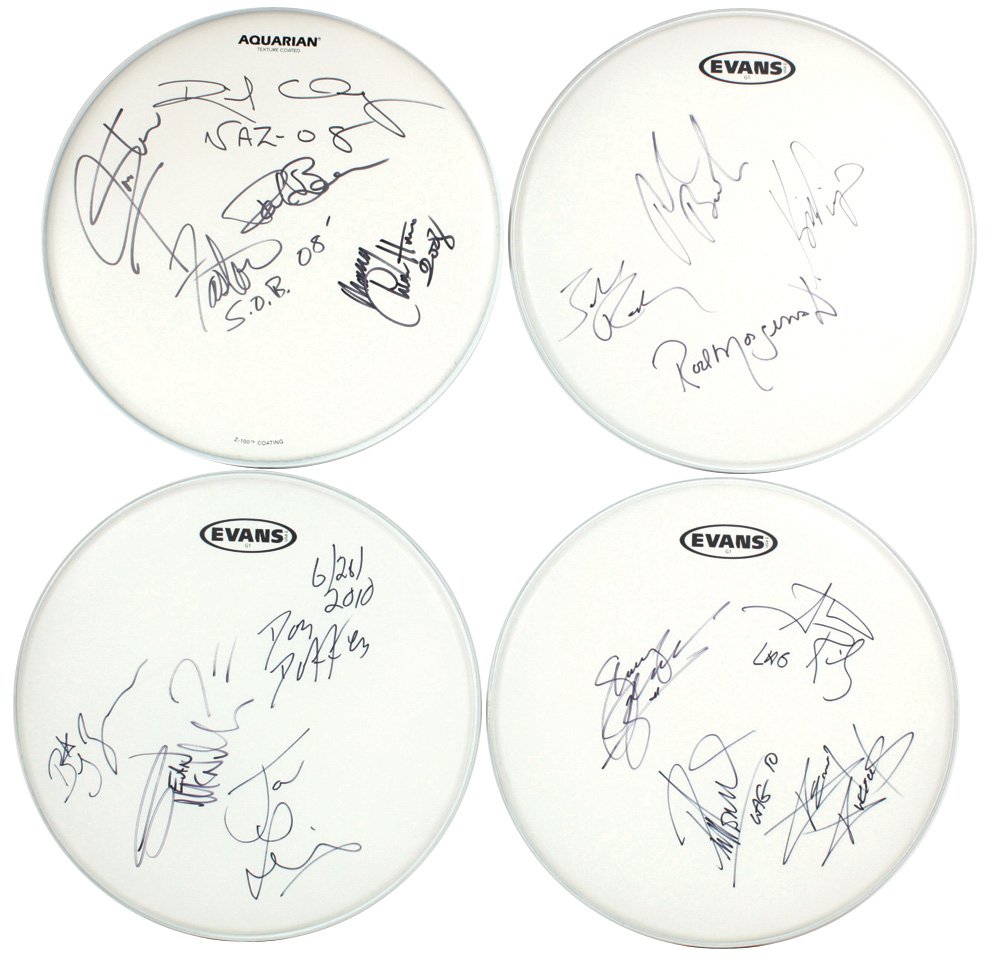 Autographed drum heads (4), Nazareth, LA Guns, Winger &: Autographed drum heads (4), Nazareth, LA Guns, Winger & Dokken, signed by Pete Agnew, Phil Lewis, Kip Winger, Don Dokken & others, signatures obtained in person by Steve Pilchen, Exc cond, up to 14.5"