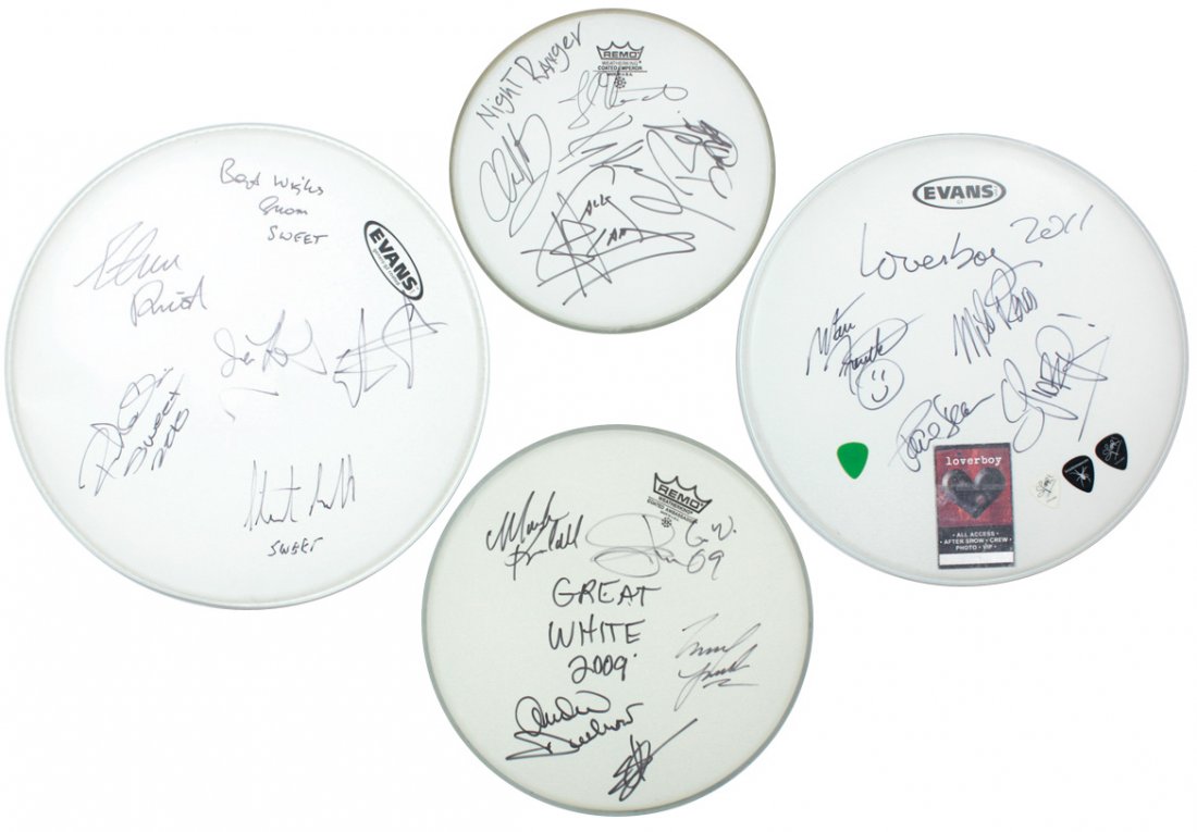 Autographed drum heads (4), Night Ranger, Great White,: Autographed drum heads (4), Night Ranger, Great White, Loverboy & Sweet, signed by Jack Blades, Jack Russell, Mike Reno, Steve Priest & others, signatures obtained in person by Steve Pilchen, Exc cond