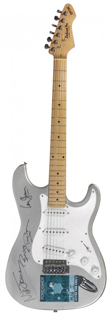 Autographed Guitar, Foreigner, signed by Mick Jones,: Autographed Guitar, Foreigner, signed by Mick Jones, Lou Gramm & Bruce Turgon on Rockwood Pro w/M&G pass, signatures obtained in person by Steve Pilchen 2007, Exc cond, 39"L.