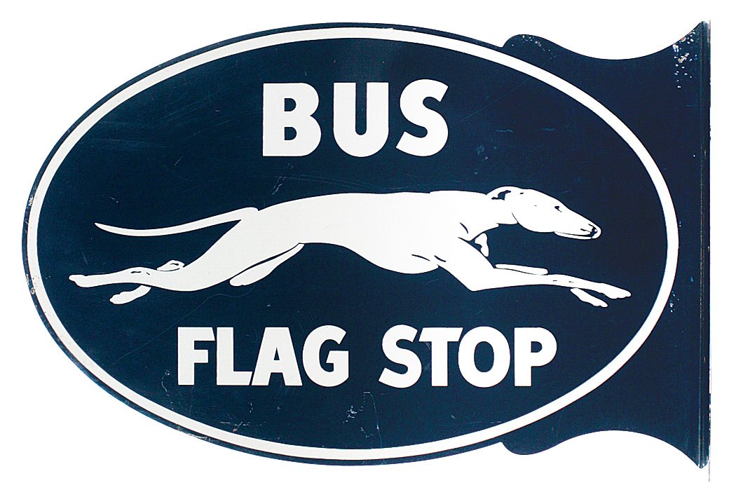 Sign, Greyhound Bus Flag Stop flange, 2-sided metal: Sign, Greyhound Bus Flag Stop flange, 2-sided metal w/greyhound graphic, VG+ to Exc cond on both sides, 14"H x 21"W.