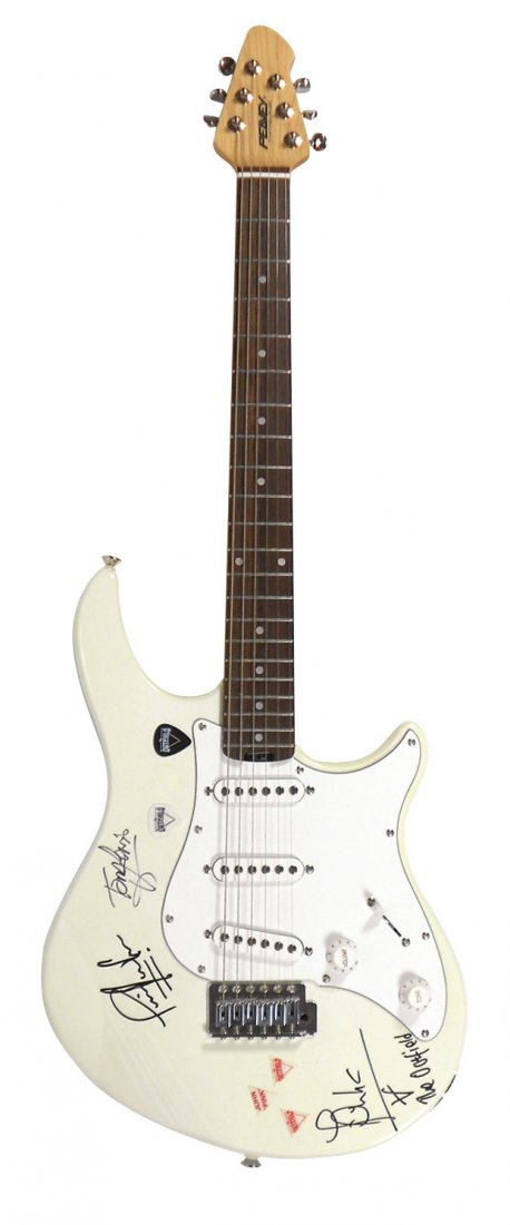 Autographed Guitar, The Outfield, signed by Tony Lewis,: Autographed Guitar, The Outfield, signed by Tony Lewis, John Spinks, Alan Jackman on Peavey Raptor Plus w/5 picks, signatures obtained in person by Steve Pilchen, Exc cond, 37"L.