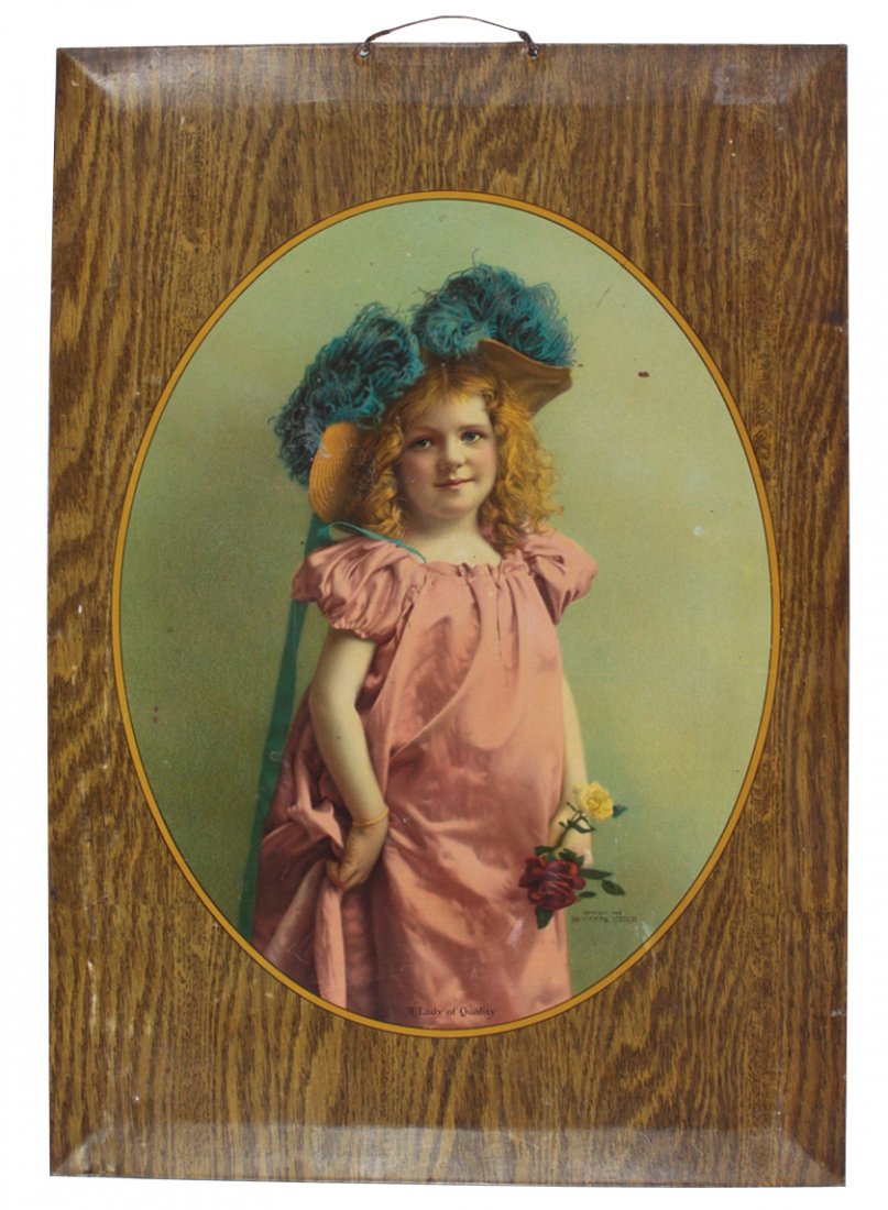 Tobacciana sign, "A Lady of Quality," c.1904, premium: Tobacciana sign, "A Lady of Quality," c.1904, premium given by Sea Lion Tobacco Works, litho on embossed metal by Meek & Co, Coshocton, OH, pretty girl in Victorian dress, Good/VG cond, 19"H x 13.5"W.