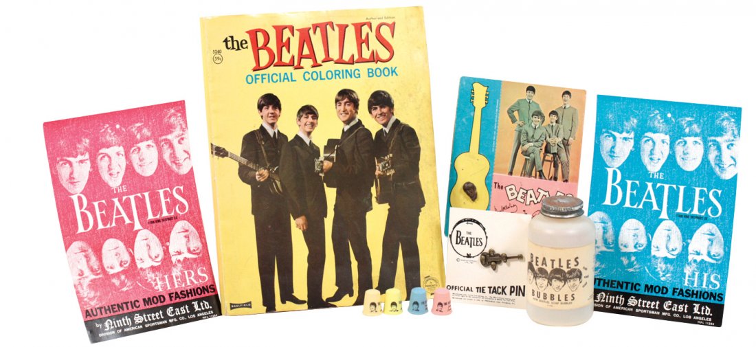 Rock 'n Roll Beatles items (23), "Beatles Bubbles": Rock 'n Roll Beatles items (23), "Beatles Bubbles" container, metal pendant, advance ticket for "Help," guitar tie tack on orig card, heart-shaped flicker cupcake decoration, 4 record charms, John nec