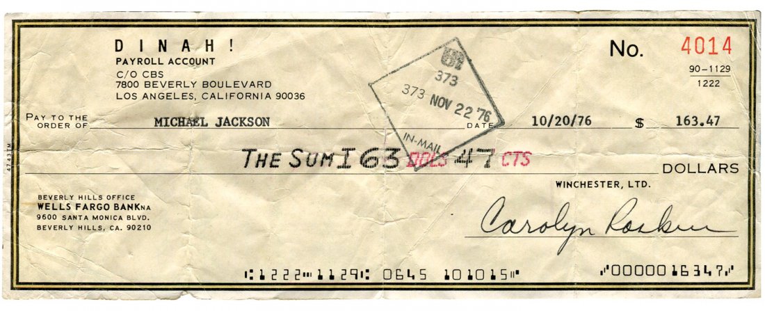 Michael Jackson signed endorsement on check from: Michael Jackson signed endorsement on check from "Dinah!" TV show dated Oct 20, 1976, VG cond w/creasing, 3"H x 8.25"W.
