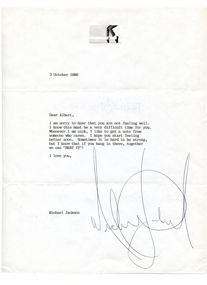 Michael Jackson TLS to Albert expressing sympathy for: Michael Jackson TLS to Albert expressing sympathy for an illness w/"…I Know that if you hang in there, together we can "BEAT IT!", VG+ cond w/mailing folds, 11"H x 8.5"W