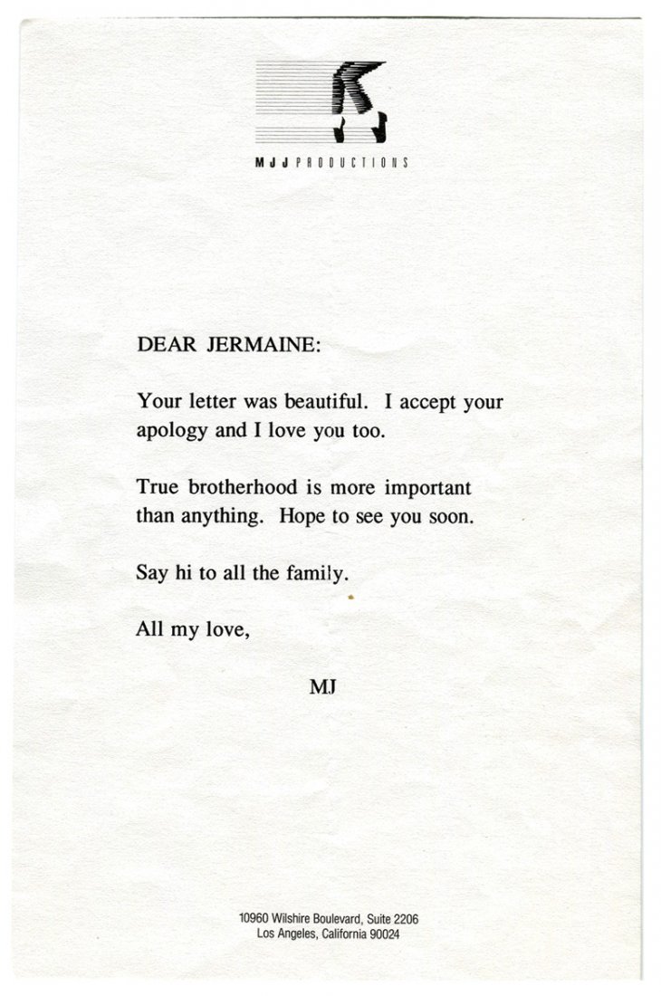 Michael Jackson, typed note on MJJ Productions paper to: Michael Jackson, typed note on MJJ Productions paper to brother Jermaine accepting his apology, part of Guernsey's 5/31/2007 The Jacksons Auction featuring items from the family's estate, Exc cond, 8 