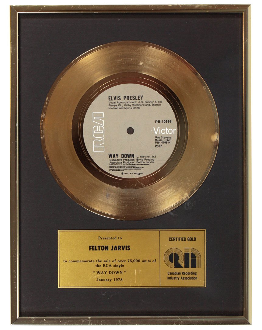 Music award, 'Way Down' by Elvis Presley presented by: Music award, 'Way Down' by Elvis Presley presented by Canadian Recording Industry Association to associate producer Felton James, James worked w/Elvis for many years, Steve Pilchen collection, Exc con
