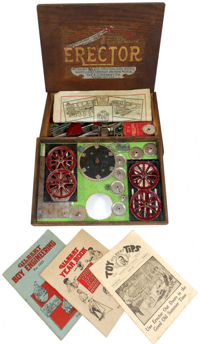 Toy erector set, A.C. Gilbert Co. #4 in orig wood box,: Toy erector set, A.C. Gilbert Co. #4 in orig wood box, appears complete w/very little or no play, 1923 Yearbook & others from 1922, VG to Exc cond w/minor decal loss on box lid, 9" x 12.5".