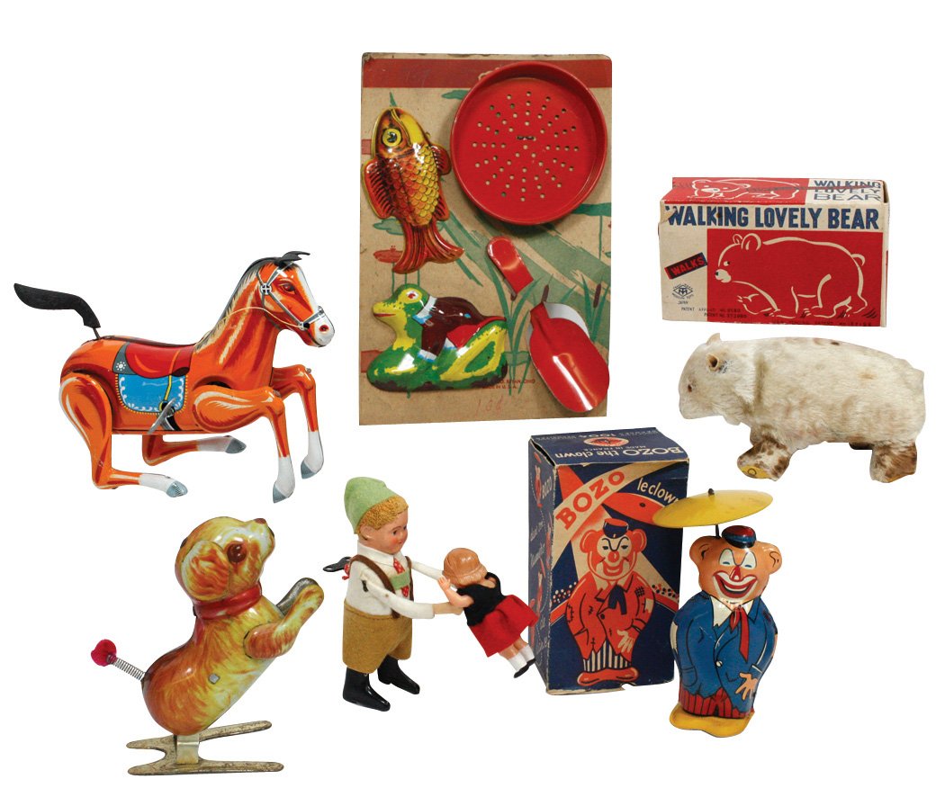 Toys (6), Modern Toys Walking Lovely Bear windup in: Toys (6), Modern Toys Walking Lovely Bear windup in orig box; Joustra Bozo the Clown windup w/orig box; Schuco Dancing Father & Daughter windup; Ohio Art horse & dog tin windups & frog, fish, shovel &