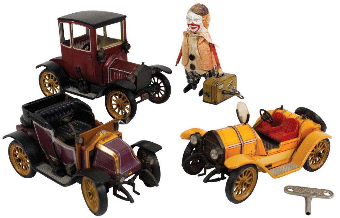 Toys (4), all Schuco, 1227 Ford Coupe T, 1230 Renault 6: Toys (4), all Schuco, 1227 Ford Coupe T, 1230 Renault 6 CV w/broken windshield, 1225 Mercer 35J w/key & clown windup w/suitcase (faded features), all VG cond, up to 7"L.