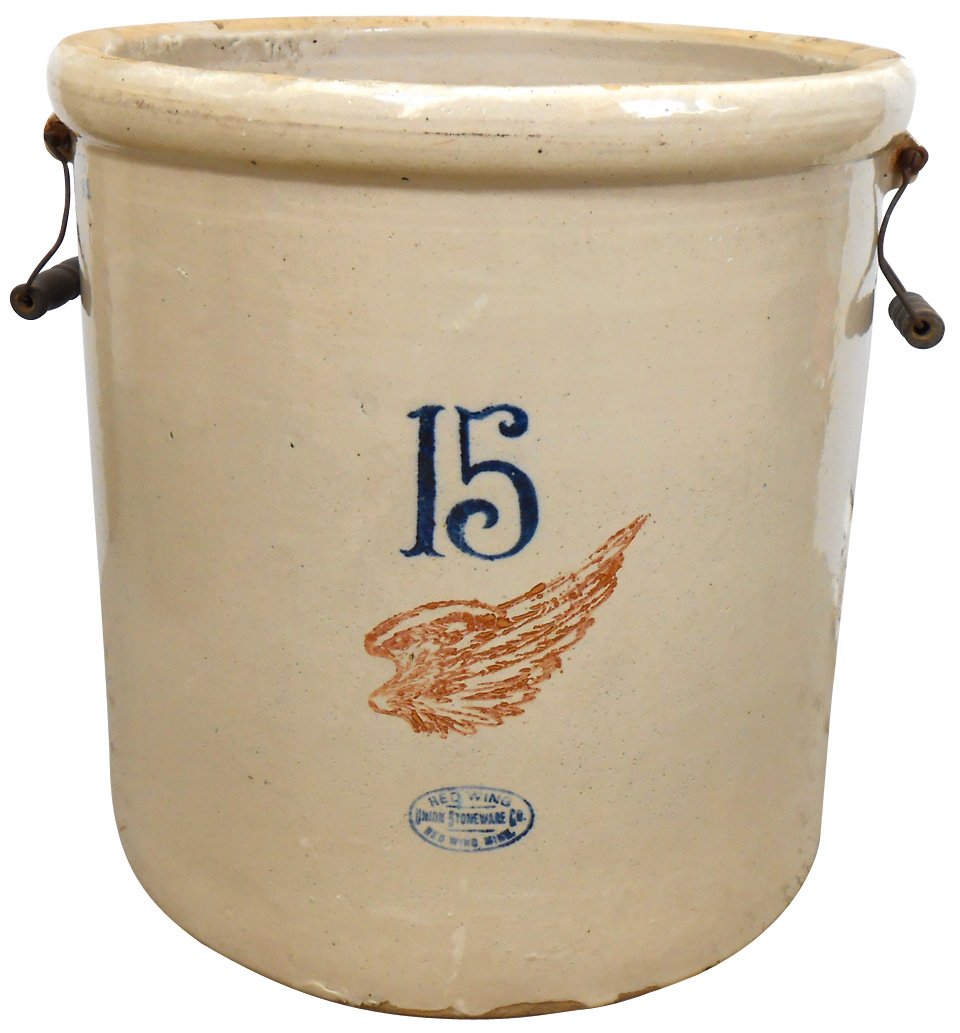 Stoneware crock, Red Wing 15 gal Big Wing w/bail: Stoneware crock, Red Wing 15 gal Big Wing w/bail handles & RW Union oval, VG cond w/chips on base, 18"H x 18"Dia.