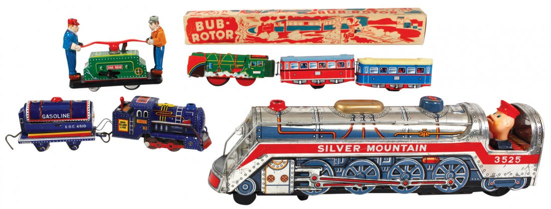 Toy trains, tin windup hand car; friction Bub-Rotor: Toy trains, tin windup hand car; friction Bub-Rotor engine w/2 cars in orig box, made in West Germany; set of 4: engine, tender, Rock Island Line & Eagle Oil cars, tin, battery operated; 1 Bump 'n Go