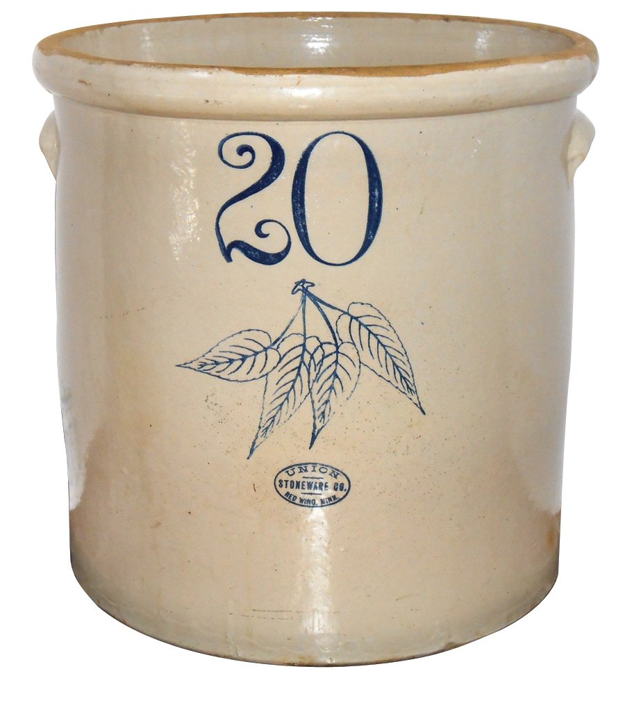 Stoneware crock, Red Wing 20 gal Birchleaf w/RW Union: Stoneware crock, Red Wing 20 gal Birchleaf w/RW Union oval, chip near side, o/wise Exc cond, 20"H.