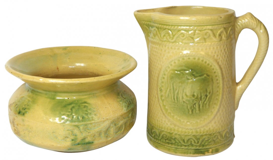 Stoneware pitcher & spittoon (2), both Cream & Green,: Stoneware pitcher & spittoon (2), both Cream & Green, Cow pitcher has couple of minor bottom chips, o/wise Exc cond, spittoon in VG cond, 4.5"& 7.5"H.