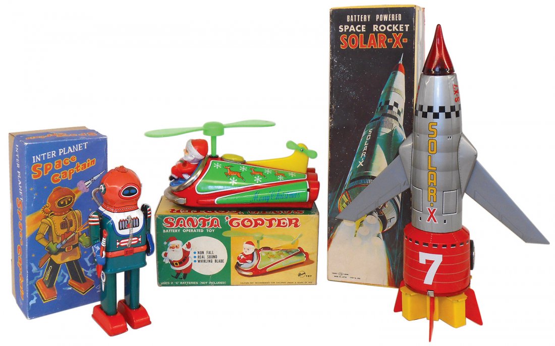 Toys (3), windup Space Captain robot, TOM Japan;: Toys (3), windup Space Captain robot, TOM Japan; battery-operated Santa Copter, Illco Japan & battery-operated Solar X space rocket, TM Japan; all tin w/orig boxes, all Exc cond w/very minor wear on S