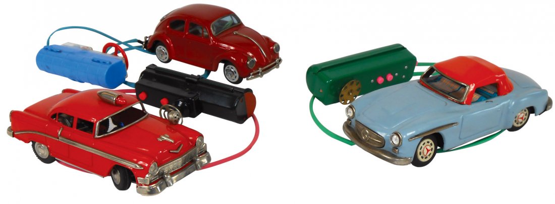 Toy cars (3), Mercedes Benz SL, marked Made in Japan,: Toy cars (3), Mercedes Benz SL, marked Made in Japan, VW Beetle by Bandai & red patrol by Linemar, Japan, all battery-operated remote control, Exc working cond, up to 9"L.