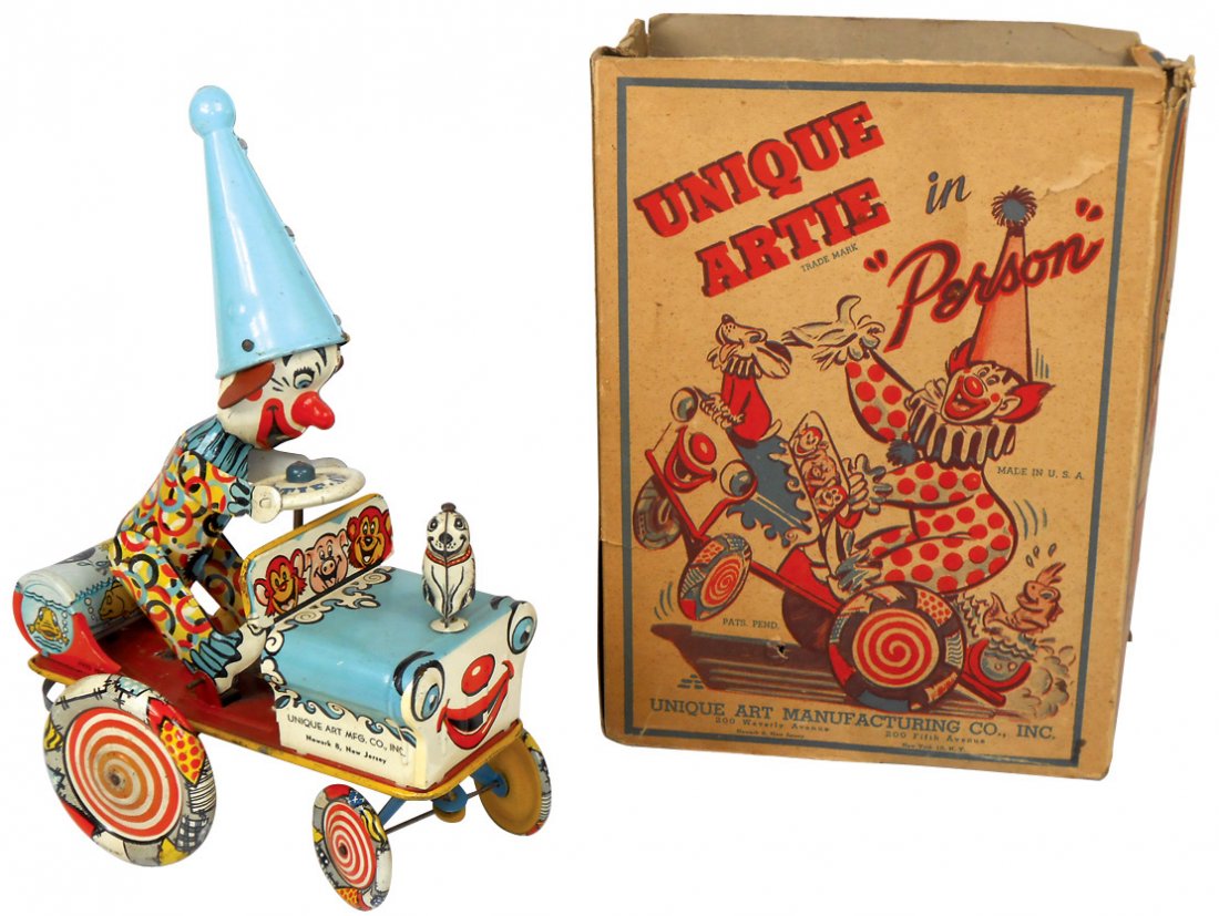 Toy, Artie the Clown car, Unique Art tin windup, Exc: Toy, Artie the Clown car, Unique Art tin windup, Exc cond w/orig box in Fair cond (missing top flaps & tear down left side), 7"L.