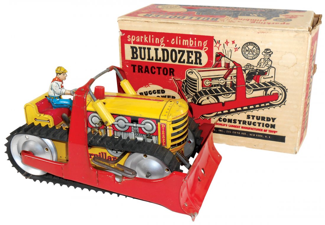 Toy bulldozer w/box, Marx Caterpillar bulldozer, tin