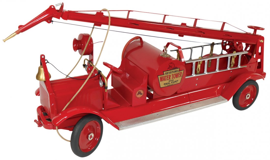 Toy fire truck, Keystone Aerial Ladder, pressed steel,: Toy fire truck, Keystone Aerial Ladder, pressed steel, Exc restored cond, 31"L.