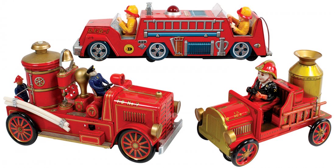 Toy fire engines (3), 2 Modern Toys tin: Toy fire engines (3), 2 Modern Toys tin battery-operated & Durham DFD-1, all VG/Exc cond, up to 15"L.