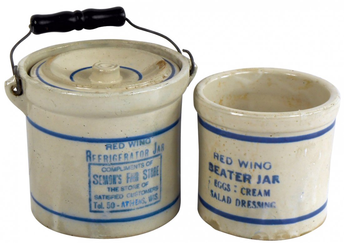 Stoneware beater jar & butter crock, both Red Wing,: Stoneware beater jar & butter crock, both Red Wing, beater jar in Exc cond w/minor base nicks, 5"H & Semon's Fair Store-Athens, Wis. butter crock w/lid, lid has chips, crock has 2.5" hairline near han