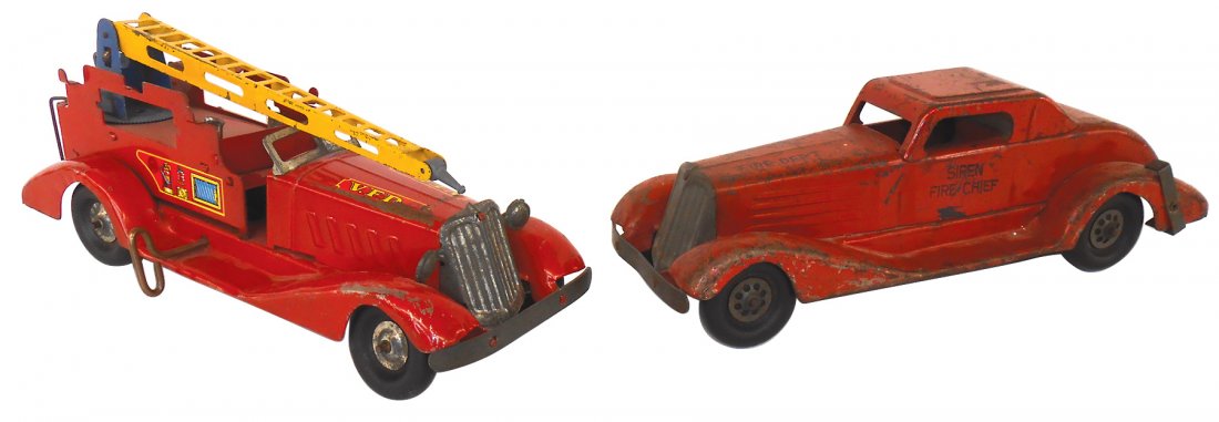 Toy Siren Fire Chief car (missing key) & V.F.D. Aerial: Toy Siren Fire Chief car (missing key) & V.F.D. Aerial Ladder Truck (no side ladders), Marx, pressed steel, Good/VG cond w/some paint wear, 14"L.