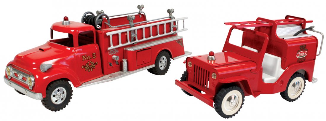 Toys (2), Tonka Fire Jeep w/hose attachment & No. 5: Toys (2), Tonka Fire Jeep w/hose attachment & No. 5 ladder truck missing one ladder, pressed steel, VG/Exc cond w/minor wear, up to 16"L.