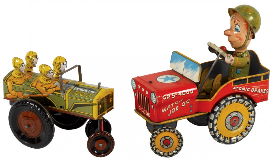Toy cars (2), GI Joe, Unique Art tin windup, VG+ cond: Toy cars (2), GI Joe, Unique Art tin windup, VG+ cond w/minor paint wear & Jumpin' Jeep, Marx tin windup, Exc working cond, up to 6.5"L.