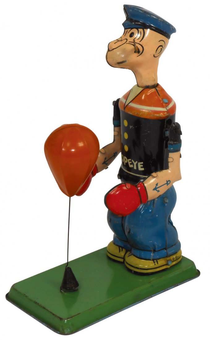 Toy, Popeye bag puncher, J. Chein tin windup, Exc cond: Toy, Popeye bag puncher, J. Chein tin windup, Exc cond w/minor paint wear, 7"L.