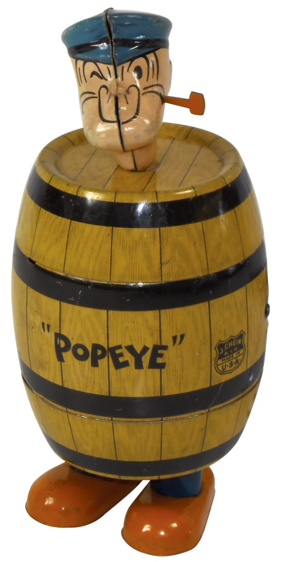 Toy, Popeye Barrel Walker, J. Chein tin windup, c.1932,: Toy, Popeye Barrel Walker, J. Chein tin windup, c.1932, Exc working cond, 7"H.