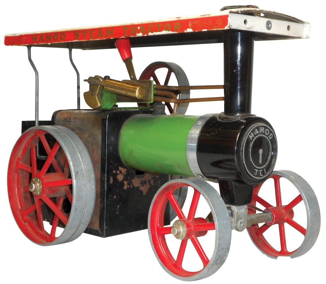 Toy steam-powered tractor, Mamod, cast metal & painted: Toy steam-powered tractor, Mamod, cast metal & painted tin, Exc cond, 6.75"H x 11"L.