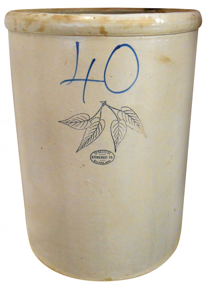 Stoneware crock, Red Wing 40 gal Birchleaf: Stoneware crock, Red Wing 40 gal Birchleaf transitional, VG cond w/4.5" hairline at back & chip on inside rim, 29"H.
