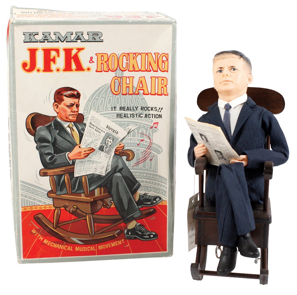 Toy, JFK in Rocking Chair by Kamar in orig box, wood &: Toy, JFK in Rocking Chair by Kamar in orig box, wood & plastic, rocks & plays music, Near-Mint cond, box is 12"H.