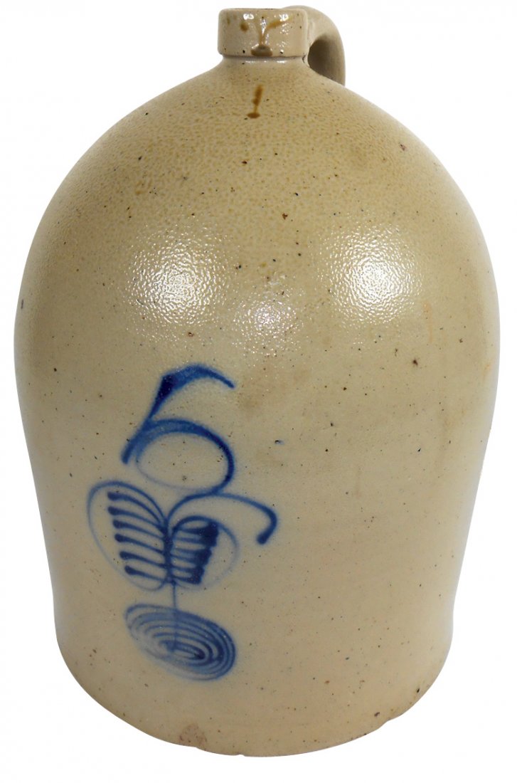Stoneware beehive jug, salt glaze 5 gal, Rib Cage: Stoneware beehive jug, salt glaze 5 gal, Rib Cage w/Target, few minor chips on bottom, o/wise Exc cond w/beautiful cobalt design, 17"H.