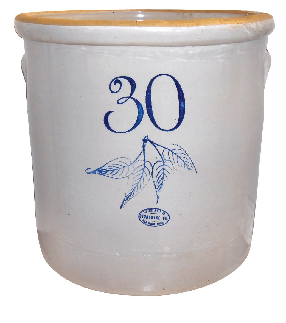 Stoneware crock, Red Wing 30 gal Birchleaf w/Union: Stoneware crock, Red Wing 30 gal Birchleaf w/Union oval, tab handles, Exc cond, 22"H.