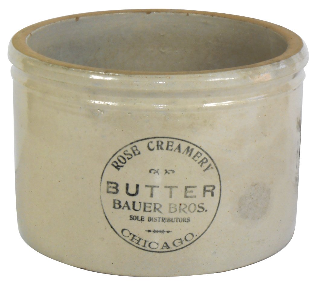 Stoneware advertising butter crock, Red Wing Rose: Stoneware advertising butter crock, Red Wing Rose Creamery Butter-Bauer Bros.-Chicago, Exc cond w/small base & rim nicks, 8"H x 11"Dia.