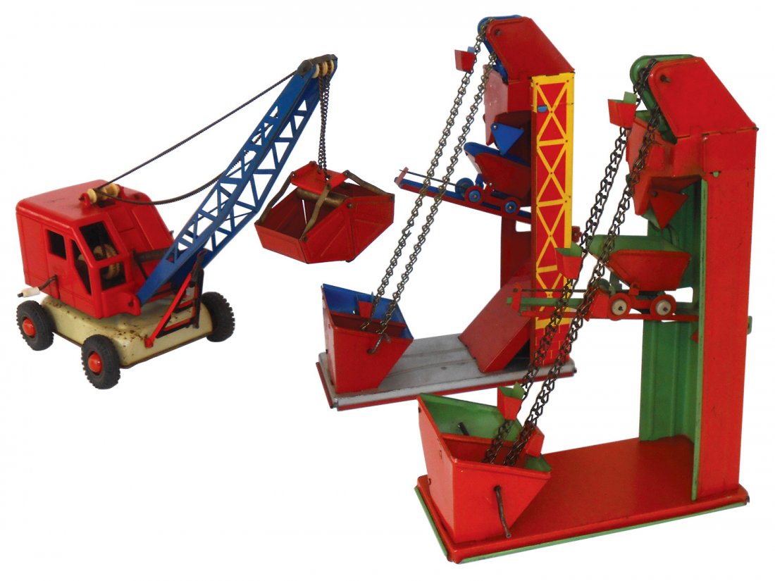 Toys (3), Gamma crane w/claw attachment, pressed steel: Toys (3), Gamma crane w/claw attachment, pressed steel & plastic & 2 sand loader towers w/carts, tin, VG cond w/minor paint wear, up to 14"L.