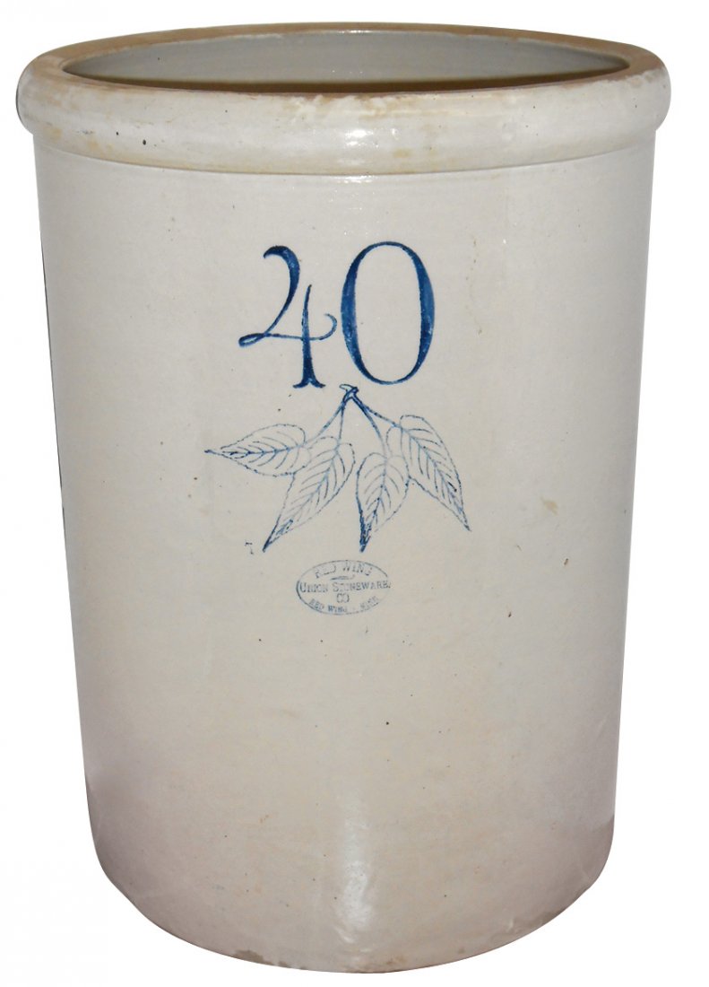 Stoneware crock, Red Wing 40 gal Birchleaf w/ski oval,: Stoneware crock, Red Wing 40 gal Birchleaf w/ski oval, few chips on base, o/wise Exc cond, 31"H.