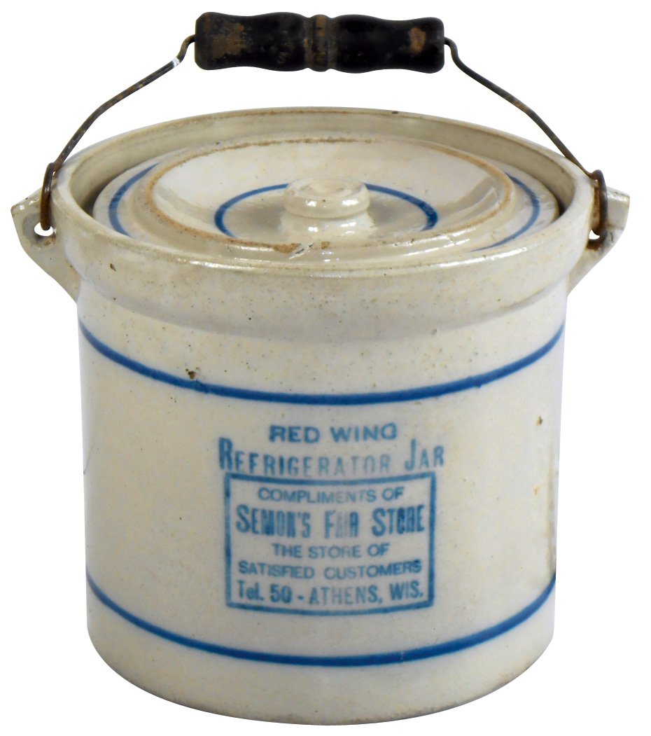 Stoneware advertising butter crock w/lid, Red Wing,: Stoneware advertising butter crock w/lid, Red Wing, Semon's Fair Store-Athens, Wis., Exc cond, 6"H.
