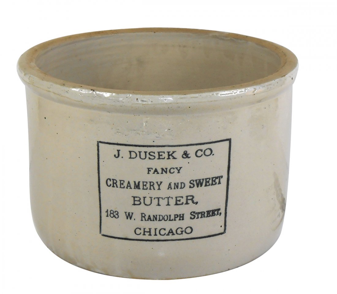 Stoneware advertising butter crock, Red Wing, J. Dusek: Stoneware advertising butter crock, Red Wing, J. Dusek & Co. Fancy Creamery and Sweet Butter-Chicago, Exc cond, 7.5"H x 11"Dia.