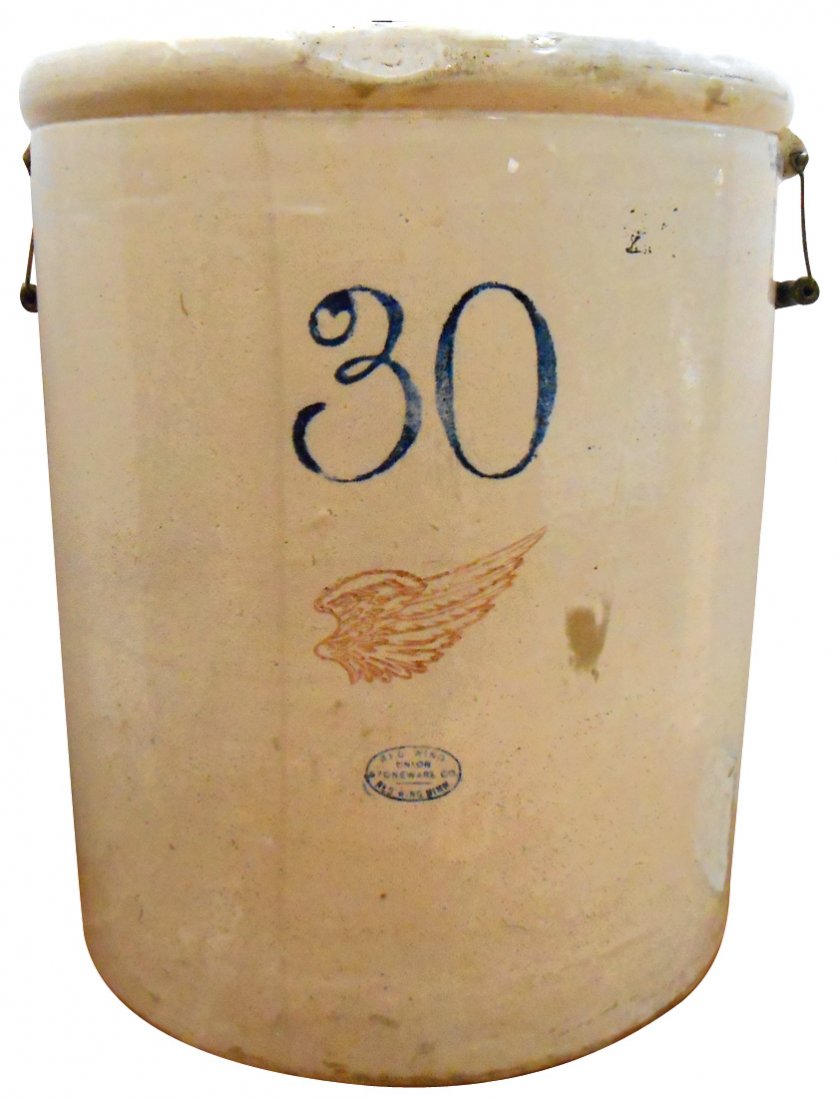 Stoneware crock, Red Wing 30 gal w/Big Wing & Union: Stoneware crock, Red Wing 30 gal w/Big Wing & Union oval, bail handles, thumb-sized chip on bottom, o/wise Exc cond, 25"H.
