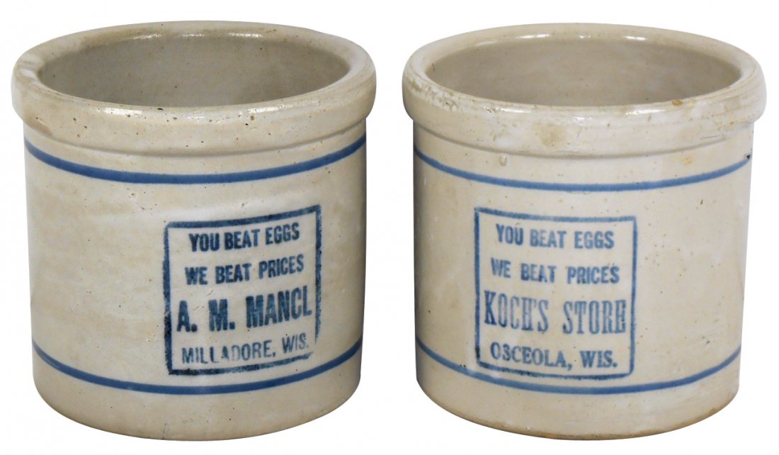 Stoneware advertising beater jars (2), Koch's: Stoneware advertising beater jars (2), Koch's Store-Osceola, Wis. & A.M. Mancl-Milladore, Wis., both w/Red Wing logo on back, both Exc cond, 5"H.
