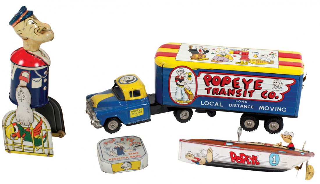 Toys (4), all Popeye, KFS Inc-Tim Hearst Blow Me Down: Toys (4), all Popeye, KFS Inc-Tim Hearst Blow Me Down windup boat; Marx windup Popeye walker w/parrot cages, Linemar moving truck & King Features dime bank, all litho on tin, all VG to Exc cond w/mino