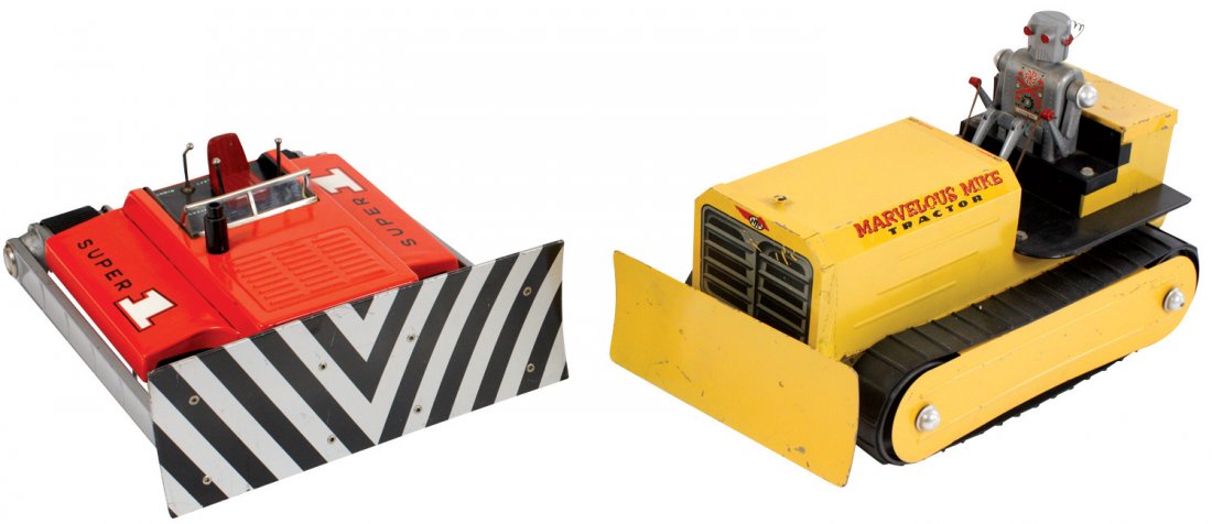 Toy bulldozer w/robot, Saunders Marvelous Mike, tin: Toy bulldozer w/robot, Saunders Marvelous Mike, tin w/plastic robot marked Made in Japan & Super 1 bulldozer, tin, both in VG/Exc working cond, up to 13.5"L.