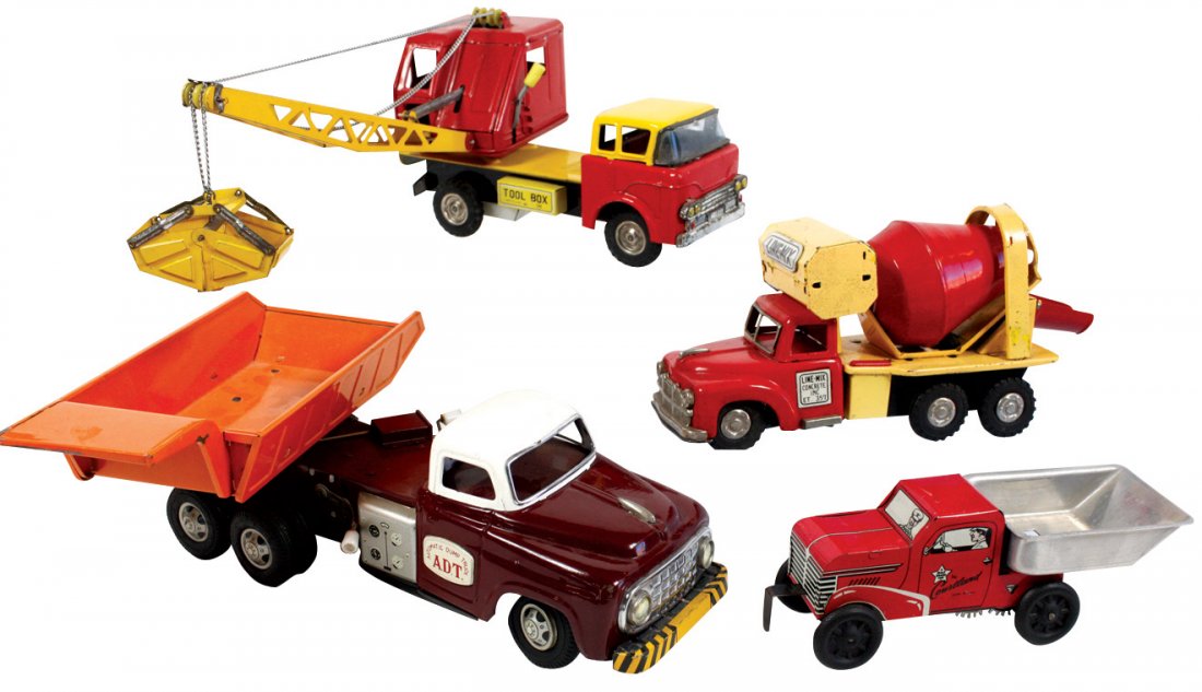 Toys trucks (4), ADT metal battery-operated dump truck,: Toys trucks (4), ADT metal battery-operated dump truck, metal windup Ford truck w/crane, metal friction Line Mix Concrete truck & metal windup Walt Reach Courtland dump truck, all VG/Exc cond w/minor