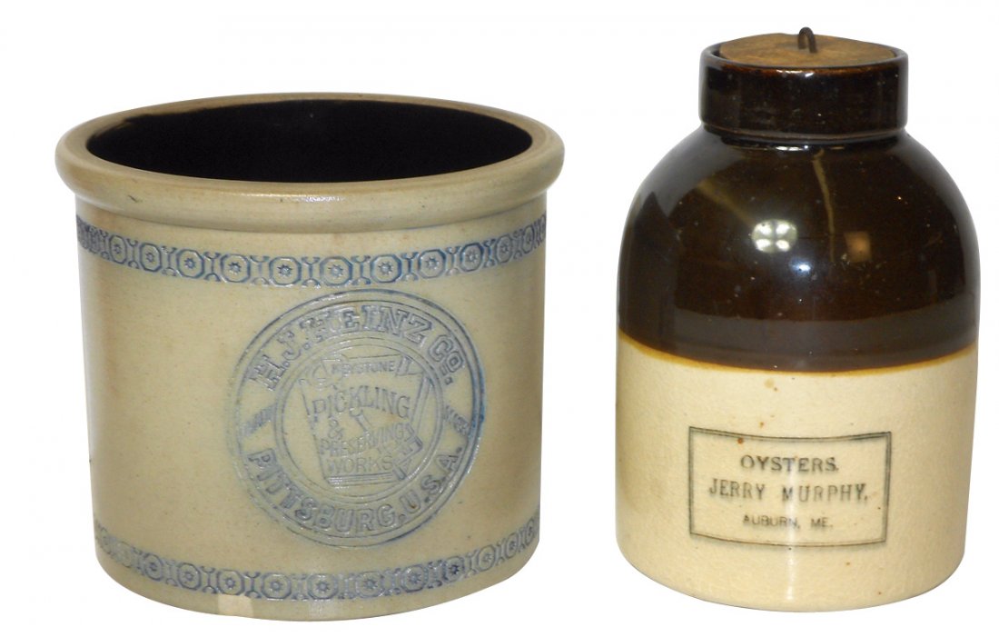 Stoneware advertising crock & jug (2), H. J. Heinz: Stoneware advertising crock & jug (2), H. J. Heinz Co.-Keystone Pickling & Preserving Works blue stoneware crock, Exc cond w/sm chip on base, 5.5"H x 6.5"Dia & Jerry Morphy-Auburn, ME Oysters jug w/br