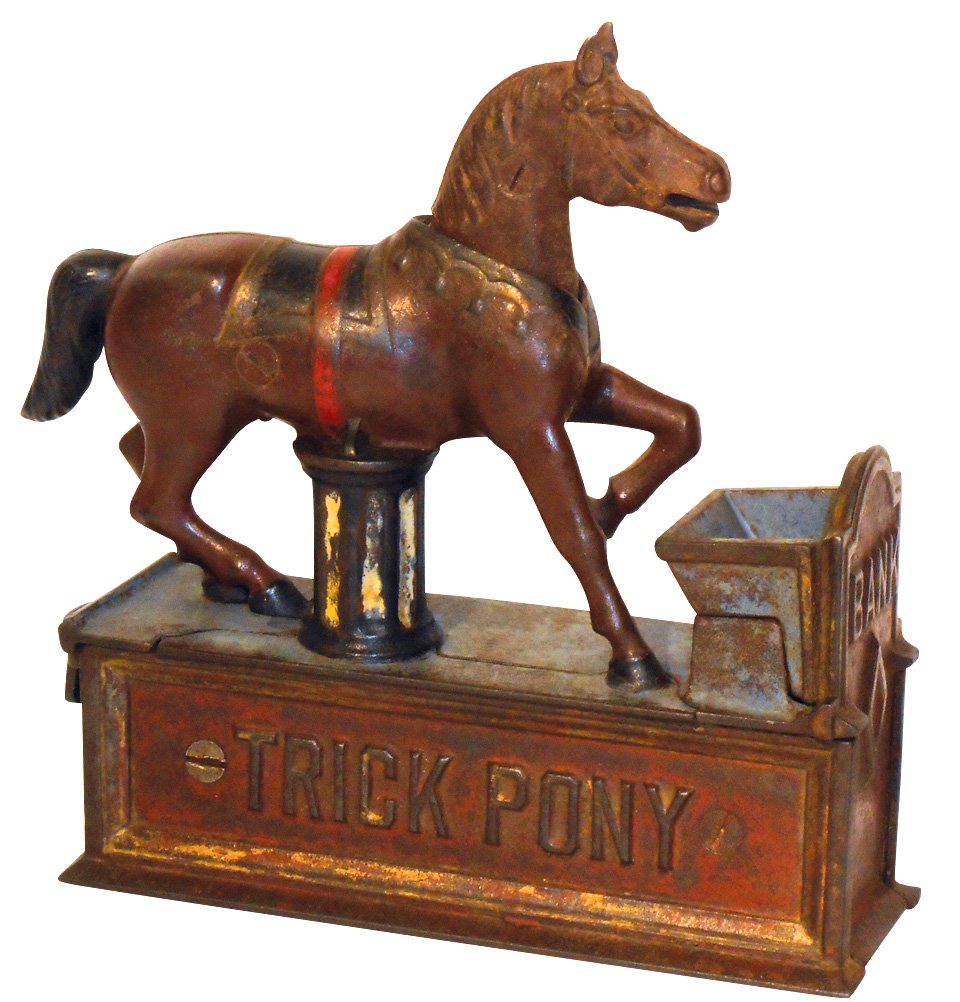 Bank, mechanical, Trick Pony, mfgd by Shepard Hardware: Bank, mechanical, Trick Pony, mfgd by Shepard Hardware Co., designed by Charles Shepard & Peter Adams, Jr., patd 1885, cast iron w/orig paint, Exc working cond, 8"H x 8"W.