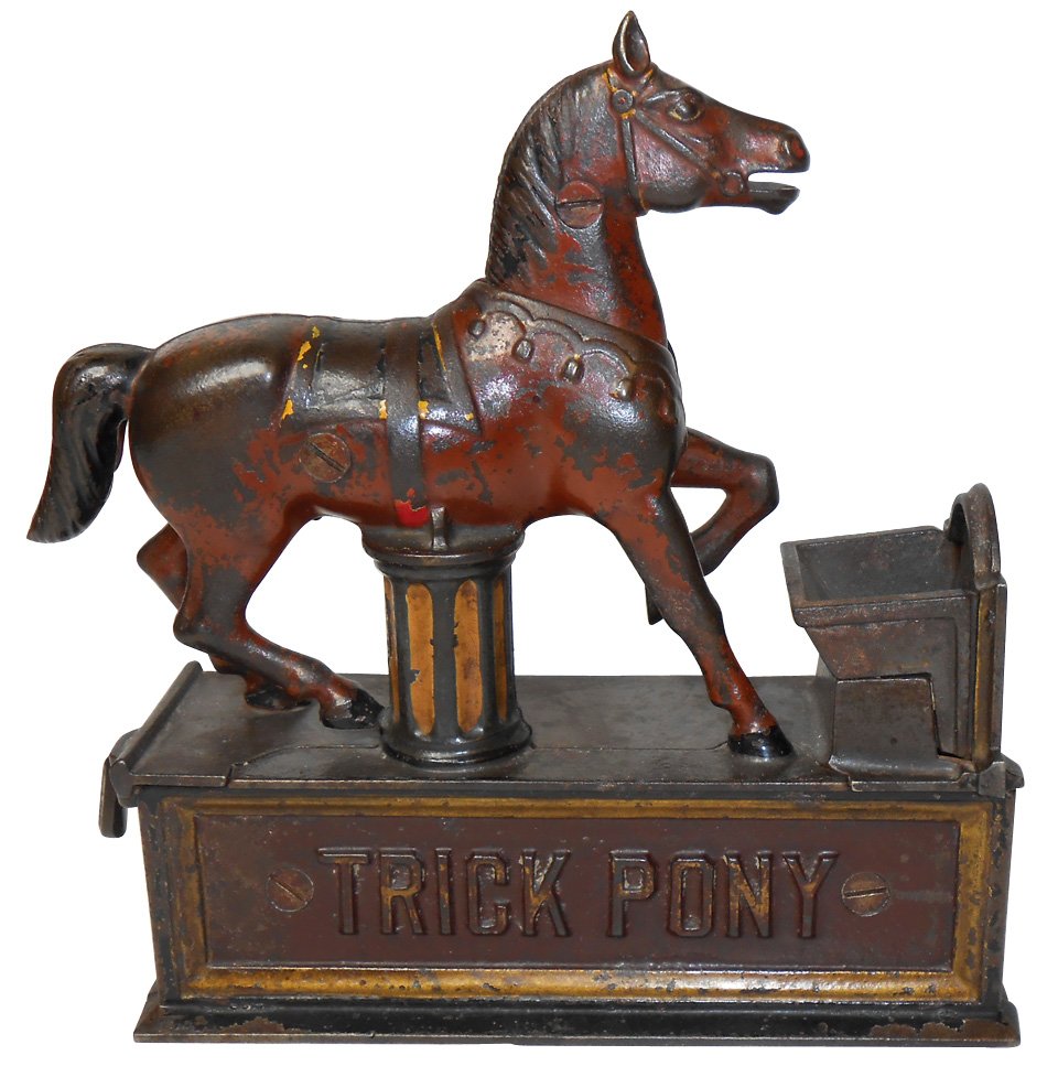Bank, mechanical, Trick Pony, mfgd by Shepard Hardware: Bank, mechanical, Trick Pony, mfgd by Shepard Hardware Co., designed by Charles Shepard and Peter Adams, Jr., patd 1885, cast iron w/orig paint, Exc working cond w/VG paint, 8"H x 8"W.