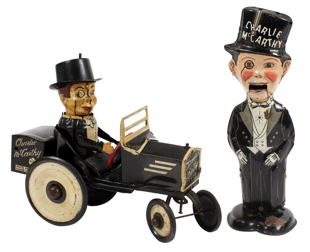 Toys (2), Charlie McCarthy car & walker, Marx, tin: Toys (2), Charlie McCarthy car & walker, Marx, tin windup car (non-working), walker (working) has spots of rust notable on foot, Good/VG cond w/surface wear, up to 8"H & 7"L.