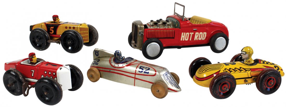 Toys (5), 4 tin windups, 3 Marx race cars & one marked: Toys (5), 4 tin windups, 3 Marx race cars & one marked "V8" & "52", battery-operated Century Hot Rod w/working pistons, VG/Exc cond w/minor paint wear, up to 7.5"L.